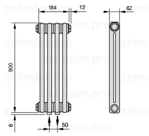 Схема (чертеж) Радиатор Zehnder Charleston 2090/4 №3470 Белый глянцевый RAL 9016